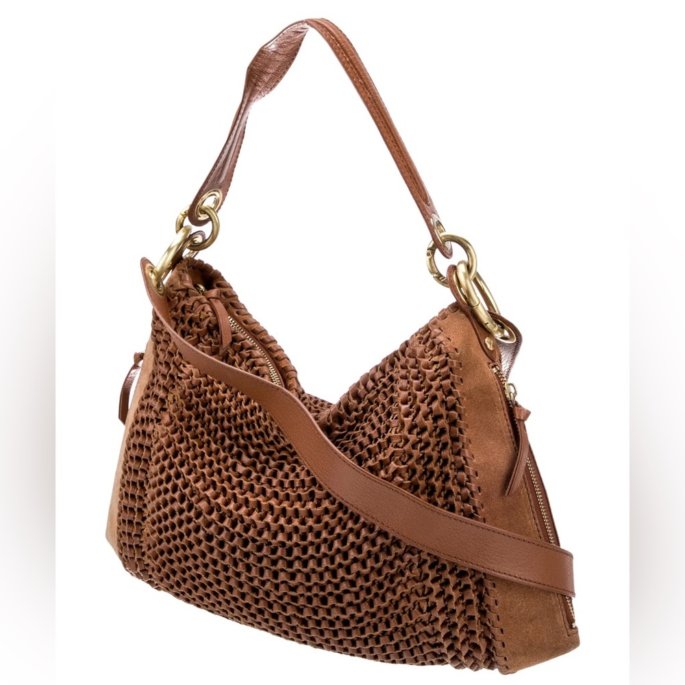 DVF Kaitlin Brown Leather Woven Shoulder Hobo Messenger Bag